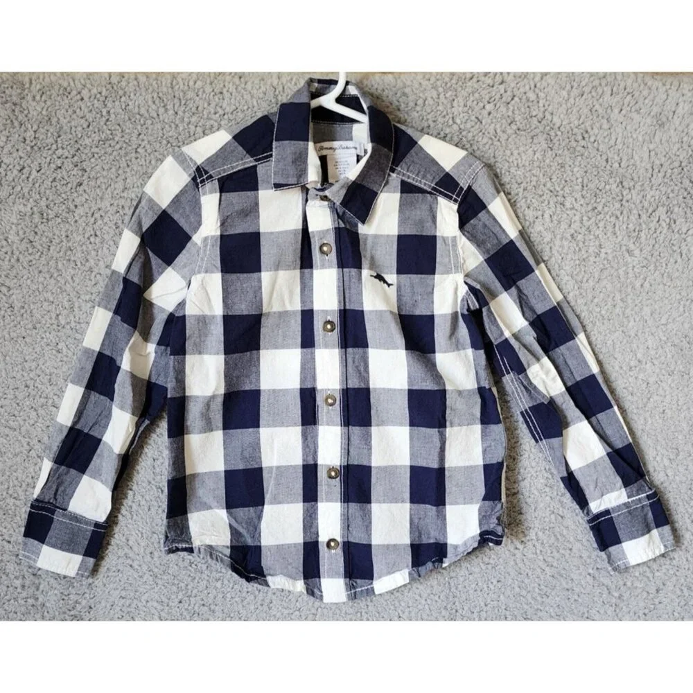 Tommy Bahama Navy Blue Plaid Long Sleeve Button Up Shirt Youth Size Small 5/6